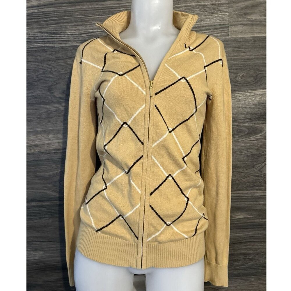 Tommy Hilfiger Tight Knit Beige Argyle Sweater Full Zip Women’s Small